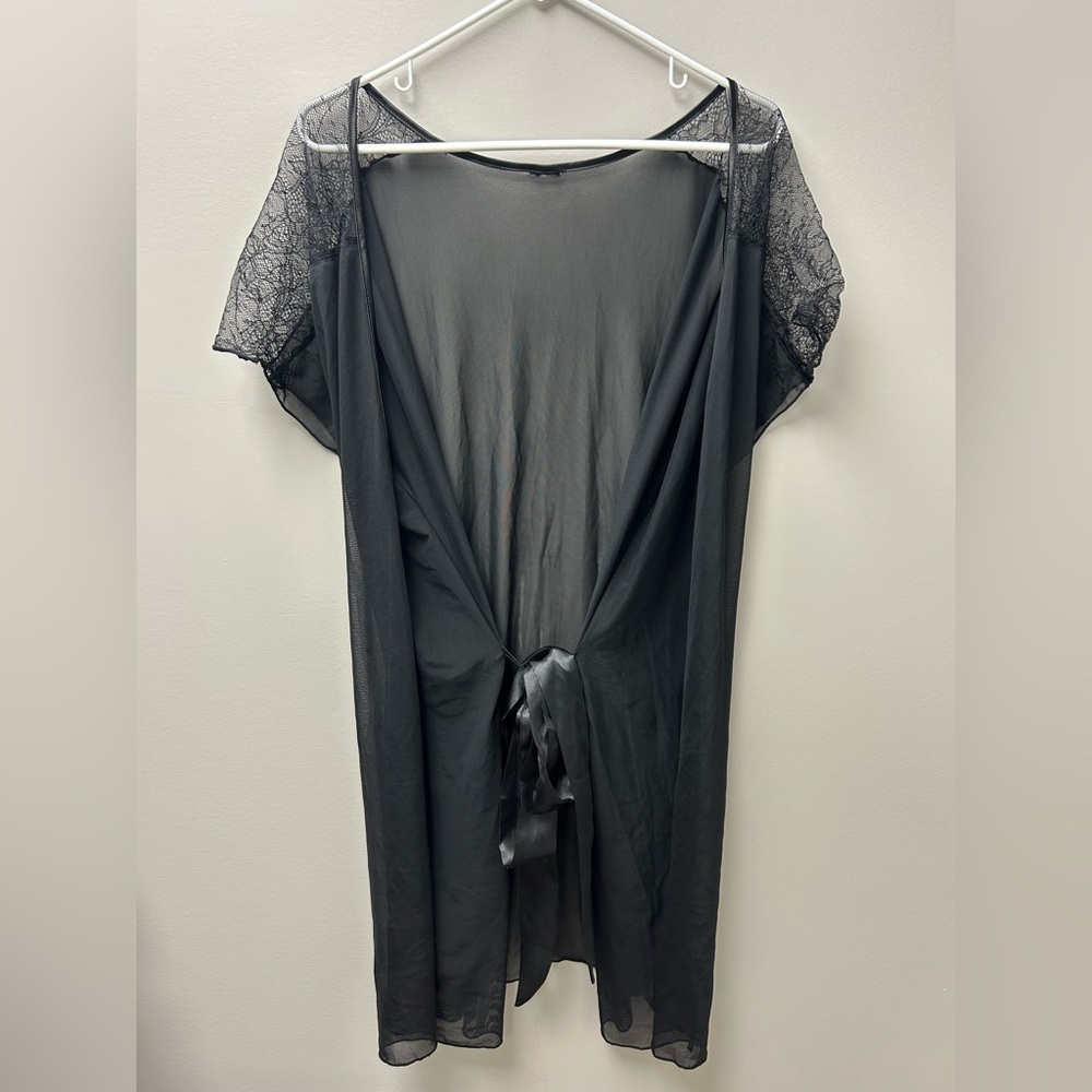 Sheer Black Lace Kimono Robe with Satin Tie Front